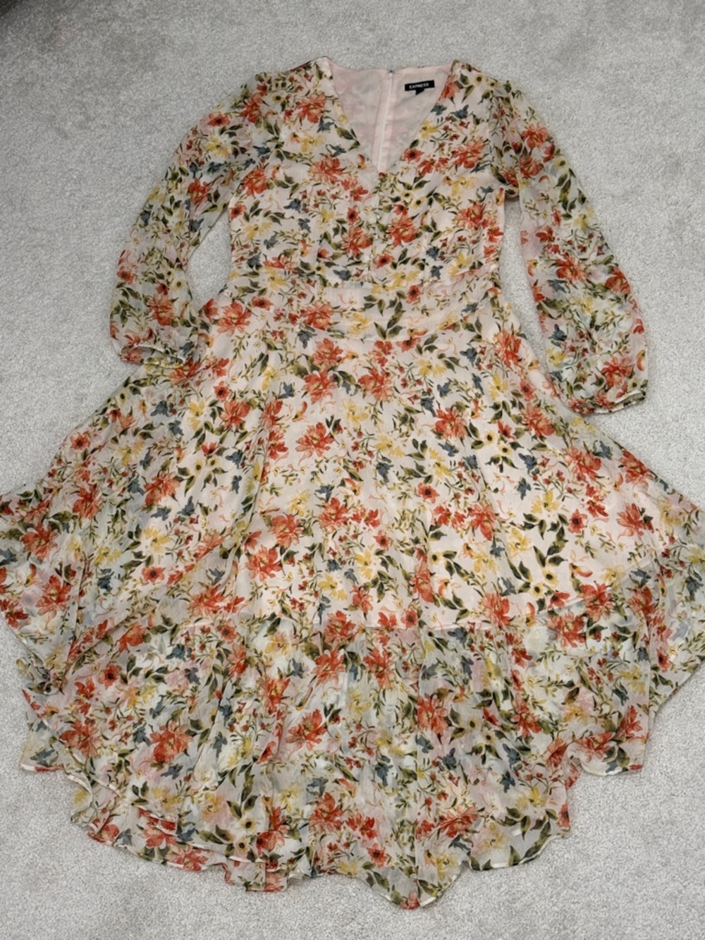 Express Floral V-Neck Long Sleeve Midi Dress - Cream Coral & Green - Size Medium